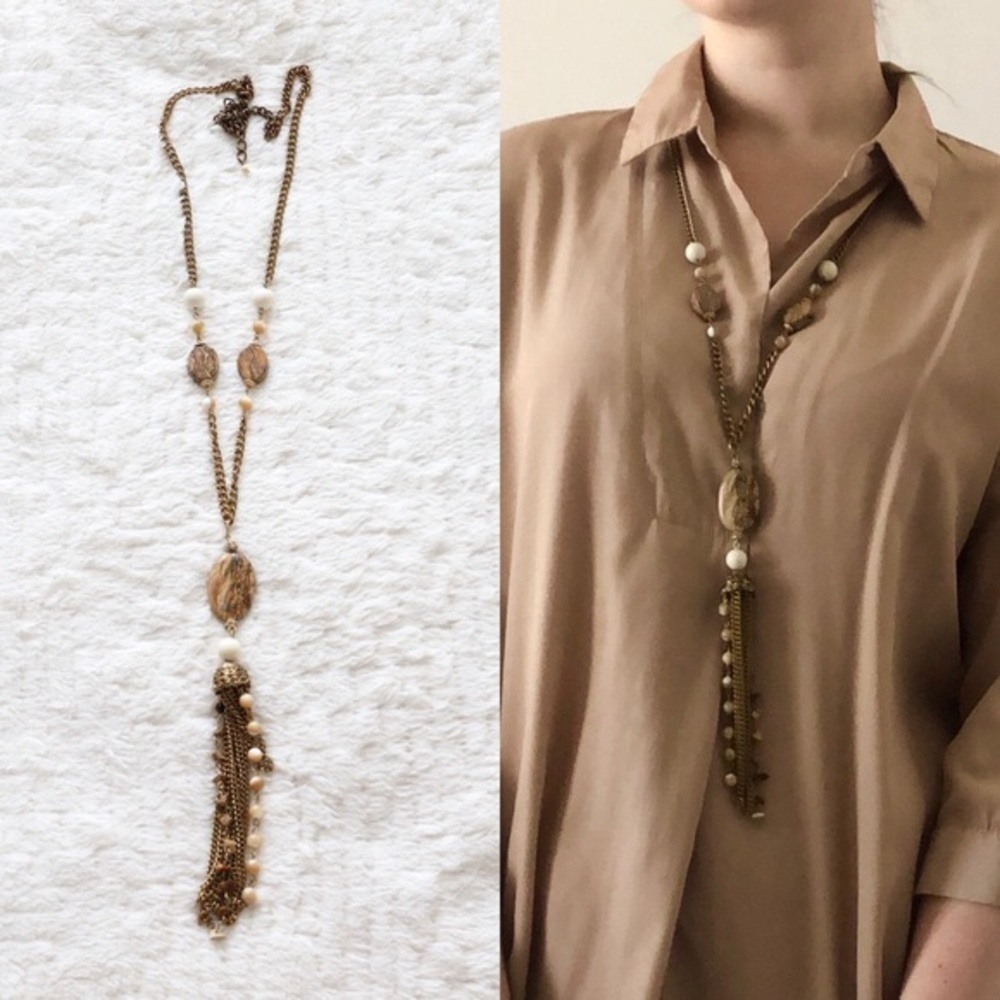 Extra long bohemian necklace retro style tassel stone beaded gold toned jewelry